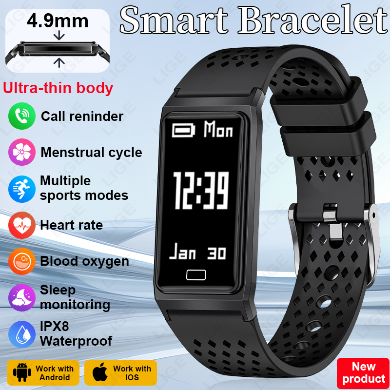 Smartwatch Slim Watches For Men - สมาร์ทบราซเล็ทบางเฉียบ 4.9 มม. สายรัดข้อมือระบายอากาศ ตรวจวัดอัตราการเต้นของหัวใจและออกซิเจนในเลือด กันน้ำระดับ
