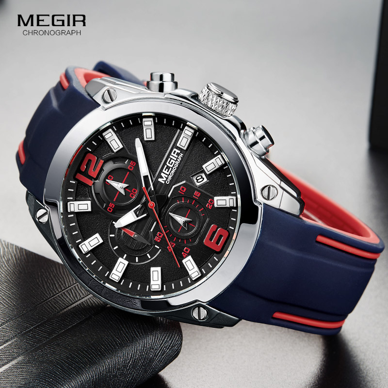 Silicone Sport Band - Megir Men's Chronograph นาฬิกาควอทซ์อะนาล็อกพร้อมวันที่, มือส่องสว่าง, นาฬิกาข้อมือสายยางซิลิโคนกันน้ําสําหรับ