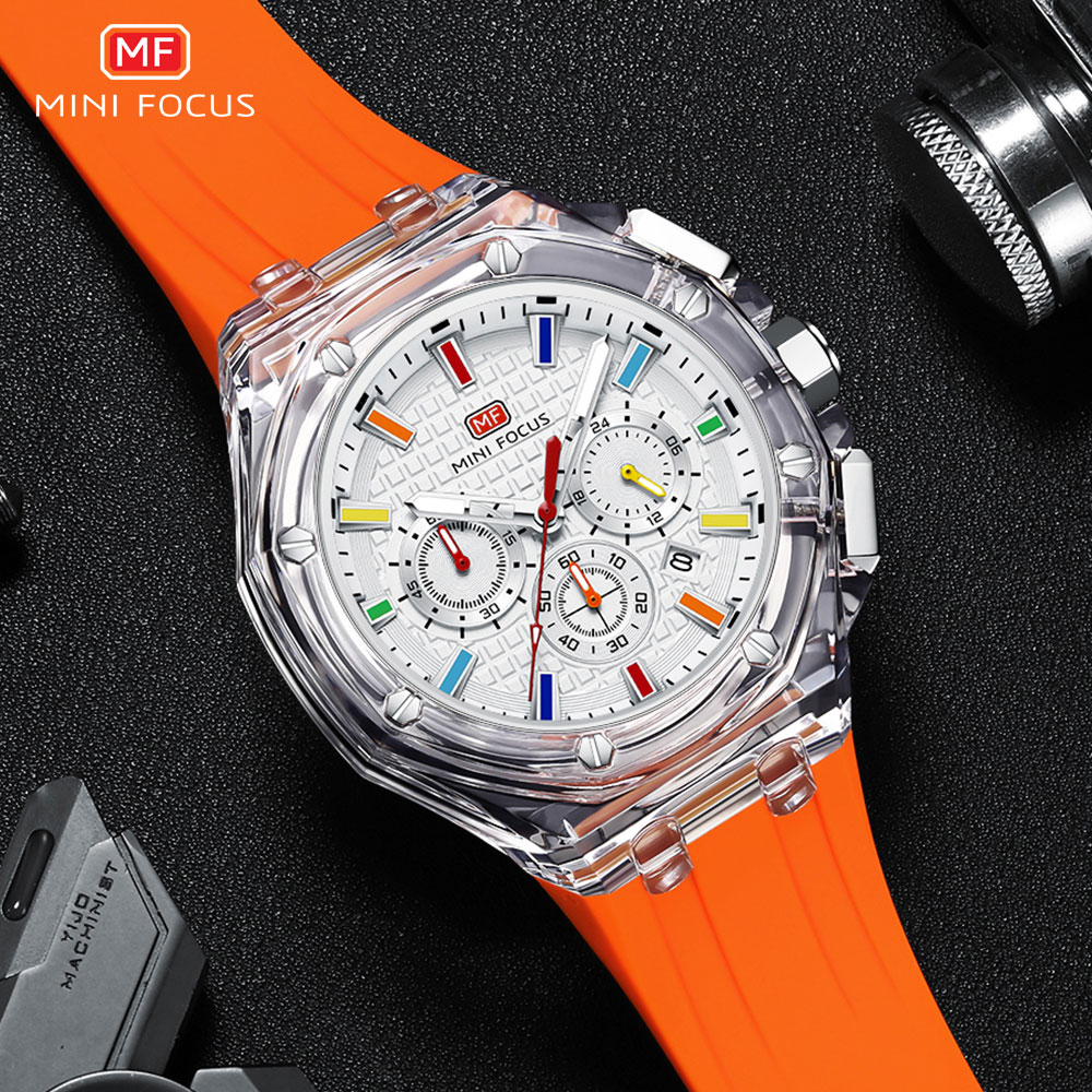 Silicone Sport Band - MINI FOCUS ผู้ชายกีฬานาฬิกาควอทซ์พร้อมสายซิลิโคนสีส้มโครโนกราฟแฟชั่นนาฬิกาข้อมือส่องสว่างกันน้ําพร้อมปฏิทิน