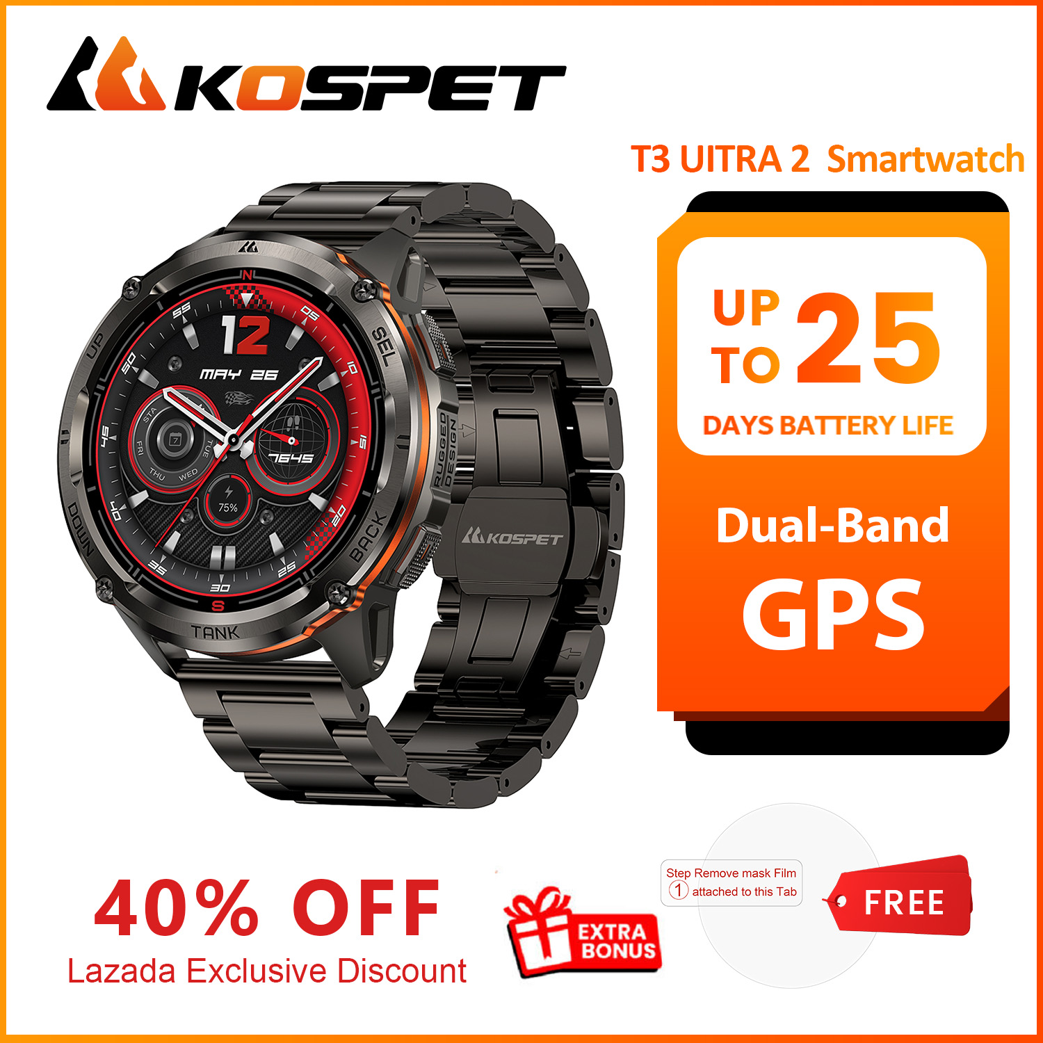 Smartwatch Premium Watches For Men - นาฬิกาสมาร์ทวอทช์ KOSPET TANK T3 Uitra2 รุ่นพิเศษ