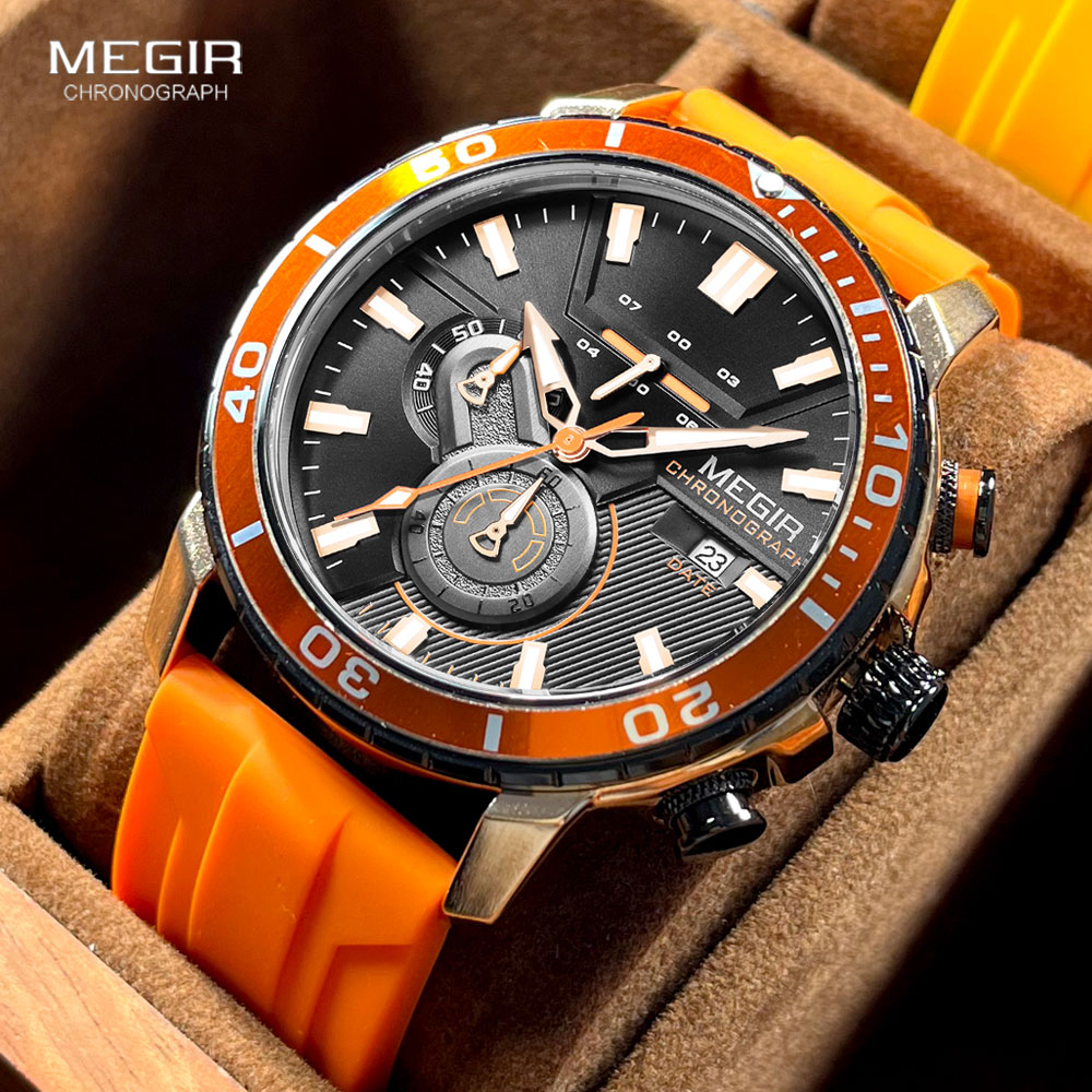 Silicone Sport Band - Megir นาฬิกาสปอร์ตสีส้มสำหรับผู้ชายแฟชั่นกันน้ำสายซิลิโคนโครโนกราฟนาฬิกาข้อมือควอตซ์พร้อมวันที่อัตโนมัติเรืองแสงมือ
