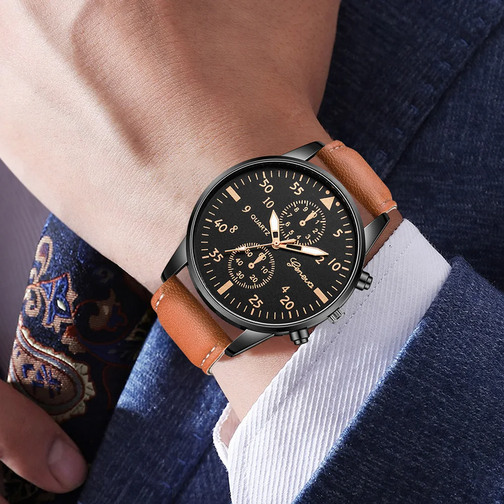 Smartwatch Vintage Watches For Men - ชุดนาฬิกาข้อมือผู้ชาย Geneva Chronograph 3 ชิ้น หน้าปัด
